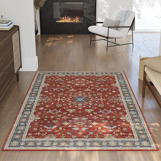5x7 Washable Boho Rugs for Bedroom, Red Area Rug for Living Room, Soft Faux Wool Christmas Carpet for Kids Playroom Dorm Nursery Dining Room Office Home Laundry, Non Slip Low Pile Mat, Red/Gold