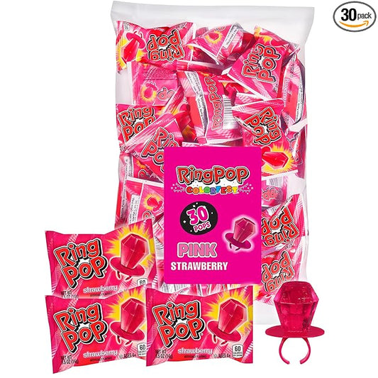 Ring Pop Pink Valentine's Candy, Individually Wrapped Pink Lollipops, Strawberry 30 Ct Bulk Suckers for Kids, Fun Candy for Gender Reveals, Valentine's Gifts, Goodie Bags, Party Favors