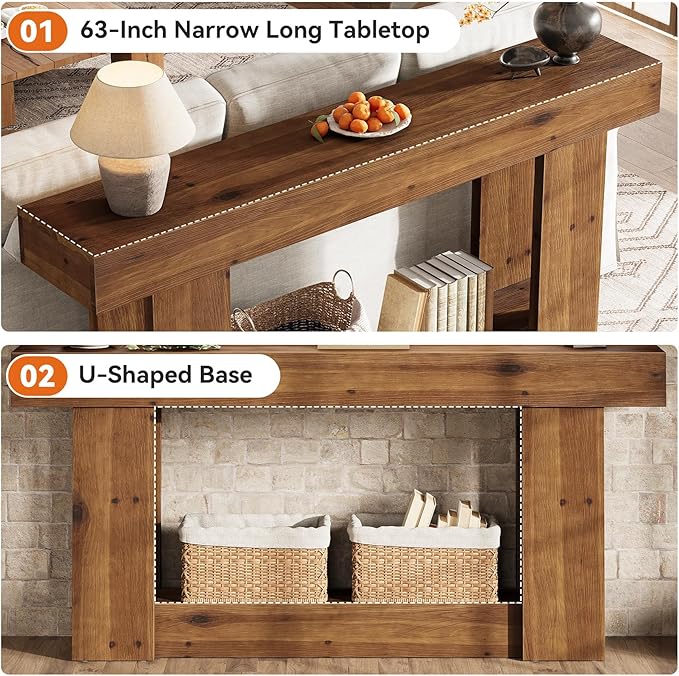 63-Inch Entryway Table, Farmhouse Solid Wood Console Table with U-Shaped Base, 2-Tier Narrow Long Sofa Table Behind The Couch for Living Room, Hallway, Foyer, Entrance, Rustic Brown