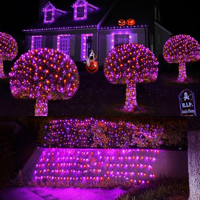 WBao Halloween Lights Outdoor 360LED 11.5ft x 6.9ft Halloween Net Lights with 8 Modes, Timer, Connectable, Waterproof & Dark Green Wire for Lawn, Bushes Outdoor Holiday Decorations, Orange Purple