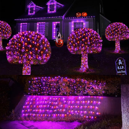 WBao Halloween Lights Outdoor 360LED 11.5ft x 6.9ft Halloween Net Lights with 8 Modes, Timer, Connectable, Waterproof & Dark Green Wire for Lawn, Bushes Outdoor Holiday Decorations, Orange Purple