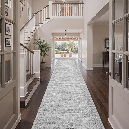 3x14 Washable Runner Rug for Hallway, Non-Slip Long Hallway Runner for Entryway, Soft Vintage Kitchen Mats for Floor, Abstract Dining Room, Bedroom, Living Room Rugs(3'x14', Grey/Ivory)