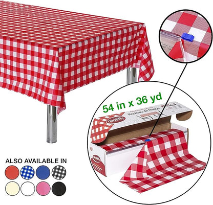 Neatiffy Disposable Plastic Table Cloth Roll | 54 in x 108 Ft Waterproof Tablecloth | Table Cover for Rectangle, Square, Round Oval Tables | Picnic, Party, Banquet, Birthdays, Weddings, Red Checkered