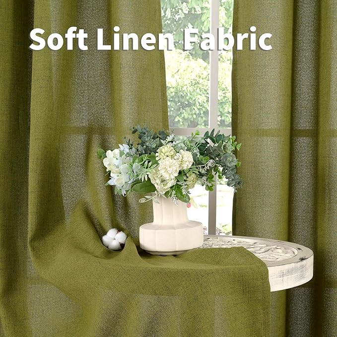 YoungsTex Olive Green Linen Curtains 63 Inches Length 2 Panels Textured Window Drapes with Bronze Grommet Privacy Light Filtering for Living Room Bedroom Office, 52 x 63 Inch