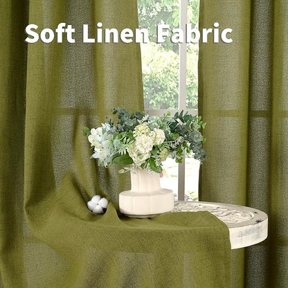 YoungsTex Olive Green Linen Curtains 63 Inches Length 2 Panels Textured Window Drapes with Bronze Grommet Privacy Light Filtering for Living Room Bedroom Office, 52 x 63 Inch