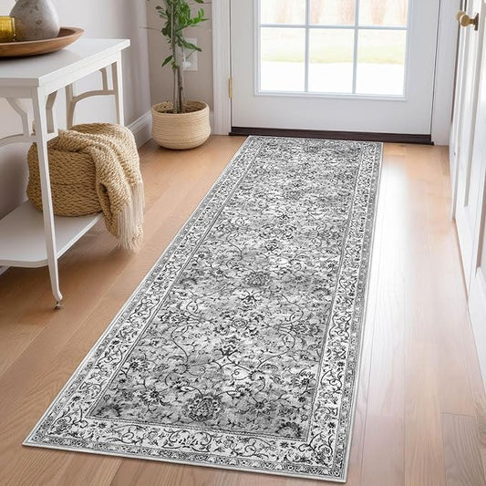 KILOCOCO Moroccan Kitchen Runner Rug 2x5 Runner Rug Washable Hallway Runners Printed Vintage Floral Non-Slip Rubber Backed Low Pile Distressed Boho Runners for Laundry Room Bedroom, Light Gray White
