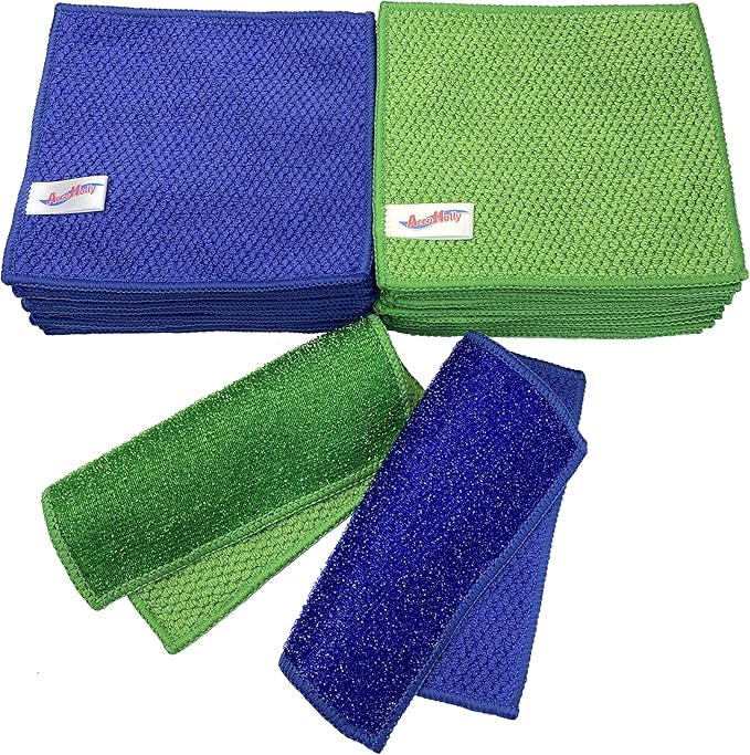 24 Pack Microfiber Scrub Dish Cleaning Cloth, Non-Scratch, Reusable & Durable for Dish Pan Pot Cooktop Stovetop Counter Kitchen, Machine Washable, 5.5 x 5.5 Inch, Blue & Green Color Assorted