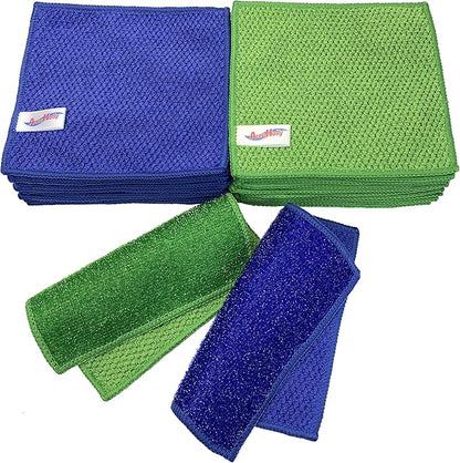 24 Pack Microfiber Scrub Dish Cleaning Cloth, Non-Scratch, Reusable & Durable for Dish Pan Pot Cooktop Stovetop Counter Kitchen, Machine Washable, 5.5 x 5.5 Inch, Blue & Green Color Assorted