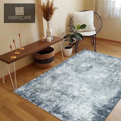 4' x 6' Washable Area Rug - Low Pile Soft Vintage Indoor Rug for Living, Dining or Bedroom - Lightweight Carpet with Non-Slip Backing - Foldable for Easy Placement, Blue
