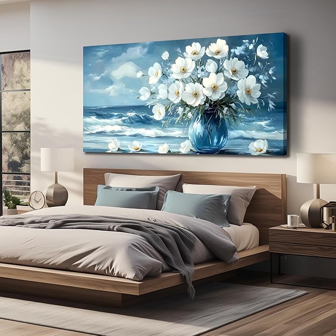 Flower Wall Art for Living Room, Ocean Canvas Wall-Decor for Bedroom, Blue and White Picture Print Artwork for Office, Large Size 59 x 29 Inches