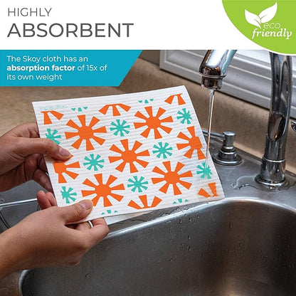 Skoy Cloth 2-Pack Eco-Friendly & Reusable Swedish Dishcloth, for Kitchen & Household Use, Plastic-Free Packaging, Dishwasher Safe, Designer Series – Connections/Sunburst, White Skoy Cloth
