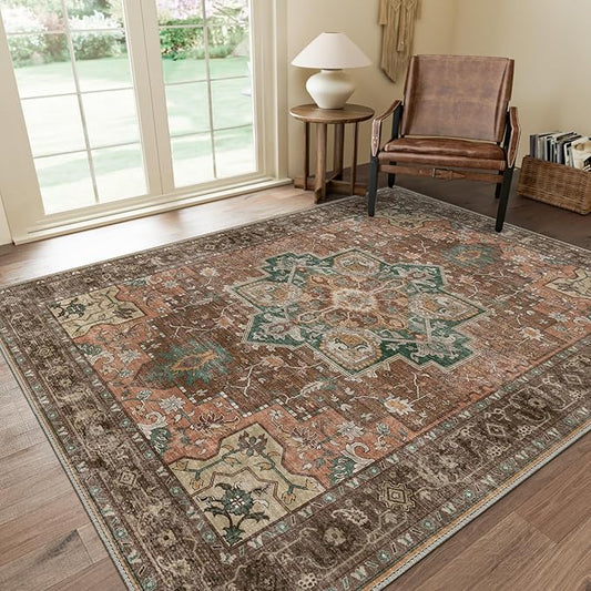GENIMO 9x12 Area Rugs for Living Room, Non Slip Machine Washable Vintage Rugs, Low Pile Lightweight Chenille Print Large Rug for Bedroom, Dining Room, Home Office, Rosewood
