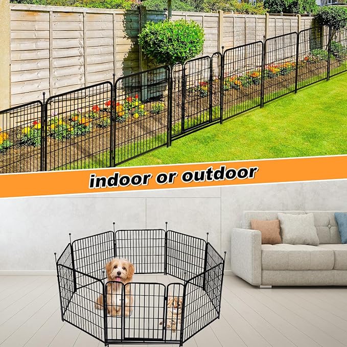 Tall Garden Fence with Gate 48 in(H)×27 in(L) 12 Panels Total 26.6 Ft(L), Garden Fencing to Keep Dogs Out, Heavy Duty Iron Metal Animal Barrier Fence, Flower Bed Fencing