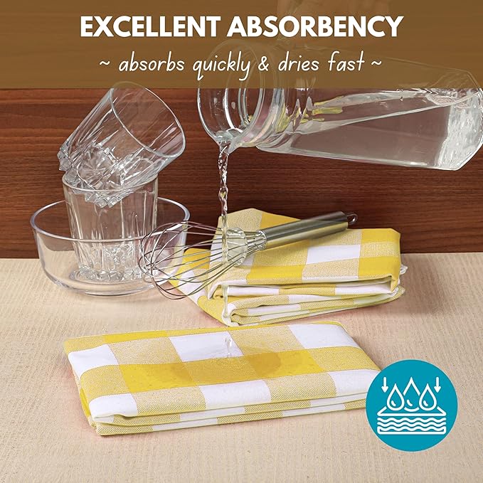 Native Fab Yellow Buffalo Dish Towel 16"x26", Set of 4 - Cotton Plaid Towels, Soft Absorbent Dishcloths with Hanging Loop, Kitchen Towels for Quick Drying - Yellow White