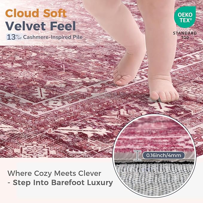 OPPODREAM Thin Vintage Hot Pink 2x8 Runner Rug, 2 x 8 Retro Washable Rug Non Slip, Low-Pile Faux Wool Carpet, Distressed Floor Mat for Kitchen, Hallway, Entry-Way, Entrance, Indoor Back Door