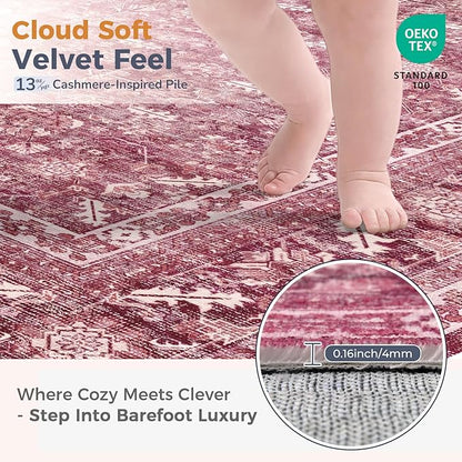 OPPODREAM Thin Vintage Hot Pink 2x12 Runner Rug, 2 x 12 Retro Washable Rug Non Slip, Low-Pile Faux Wool Carpet, Distressed Floor Mat for Kitchen, Hallway, Entry-Way, Entrance, Indoor Back Door