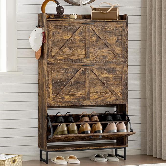 Shoe Cabinet with 3 Flip Drawers Narrow Shoe Storage Cabinet Organizer Wooden Freestanding Shoe Rack Hidden Slim Shoes Storage Cabinet for Entryway, Hallway, Living Room, Bedroom