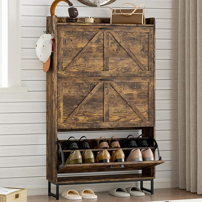 Shoe Cabinet with 3 Flip Drawers Narrow Shoe Storage Cabinet Organizer Wooden Freestanding Shoe Rack Hidden Slim Shoes Storage Cabinet for Entryway, Hallway, Living Room, Bedroom