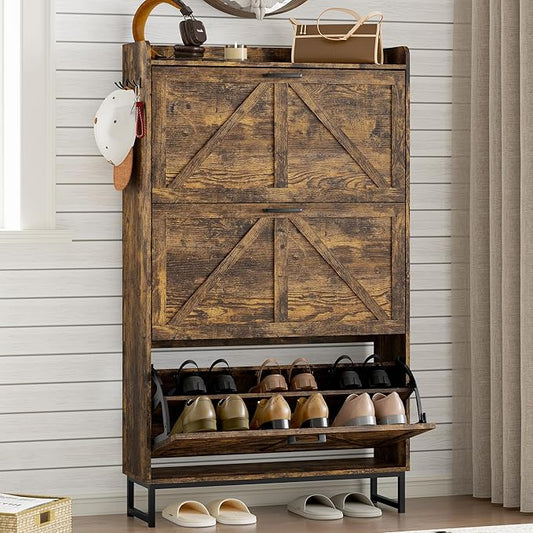 Shoe Cabinet with 3 Flip Drawers Narrow Shoe Storage Cabinet Organizer Wooden Freestanding Shoe Rack Hidden Slim Shoes Storage Cabinet for Entryway, Hallway, Living Room, Bedroom