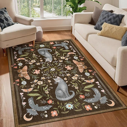 GarveeHome 4x6 Cat Washable Area Rug for Nursery Room, Mushroom Floral Brown Bedroom Rug Non Slip Low Pile Butterfly Carpet Stain Resistant Throw Rug for Dorm Kids Room Office Dining Room