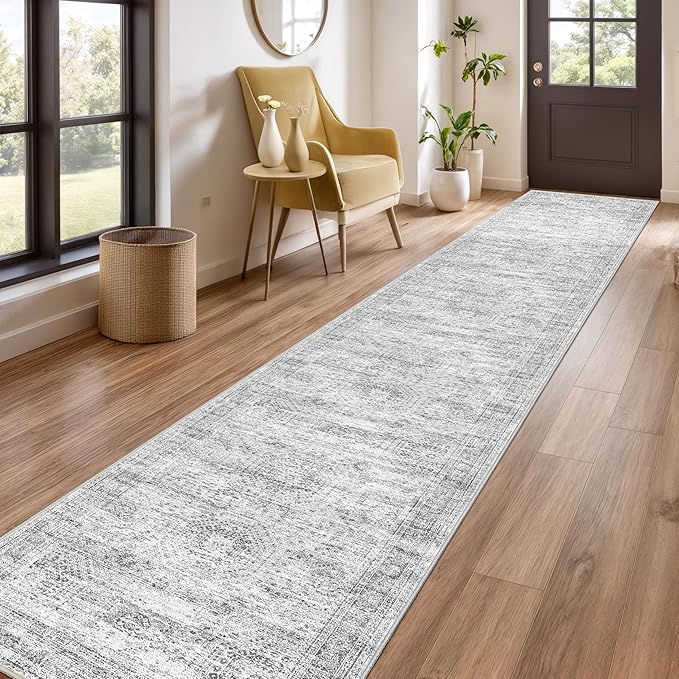 Washable Runner Rug 2.5x14, Non-Slip Long Hallway Runner for Entryway, Soft Vintage Kitchen Mats for Floor, Abstract Dining Room, Bedroom, Living Room Rugs(2.5'x14', Grey/Ivory)