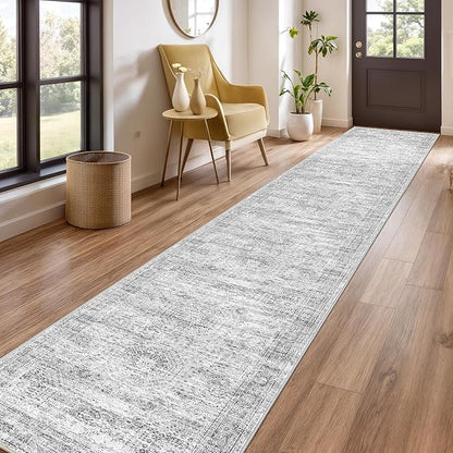 Washable Runner Rug 2.5x14, Non-Slip Long Hallway Runner for Entryway, Soft Vintage Kitchen Mats for Floor, Abstract Dining Room, Bedroom, Living Room Rugs(2.5'x14', Grey/Ivory)