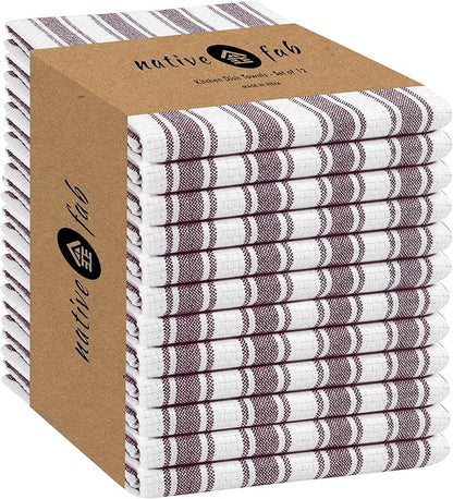 Native Fab Kitchen Dish Towels 16x26 inches - Set of 12 - Basket Weave 100% Cotton Striped Tea Towels, Wash Cloths for Drying Dishes, Absorbent Hand Towels with Hanging Loop - Burgundy