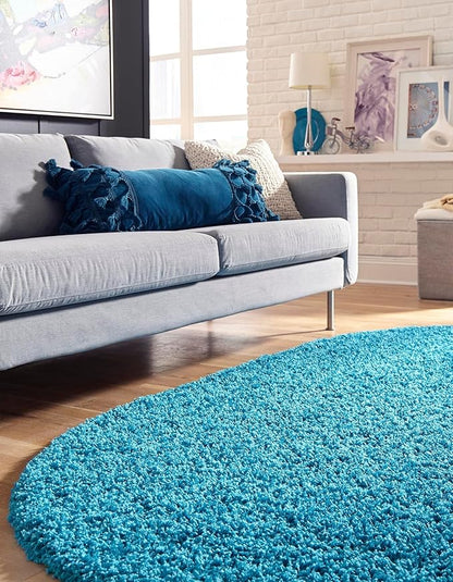 Unique Loom Solid Shag Collection Area Rug (8' x 10' Oval, Turquoise)