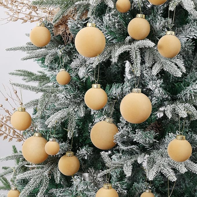 Velvet Christmas Ball Ornaments Set-46pcs Flocked Shatterproof Christmas Tree Decorations Plastic Xmas Decorative Hanging Ornaments for Xmas Holiday Home Decor,3 Sizes(Light Khaki)