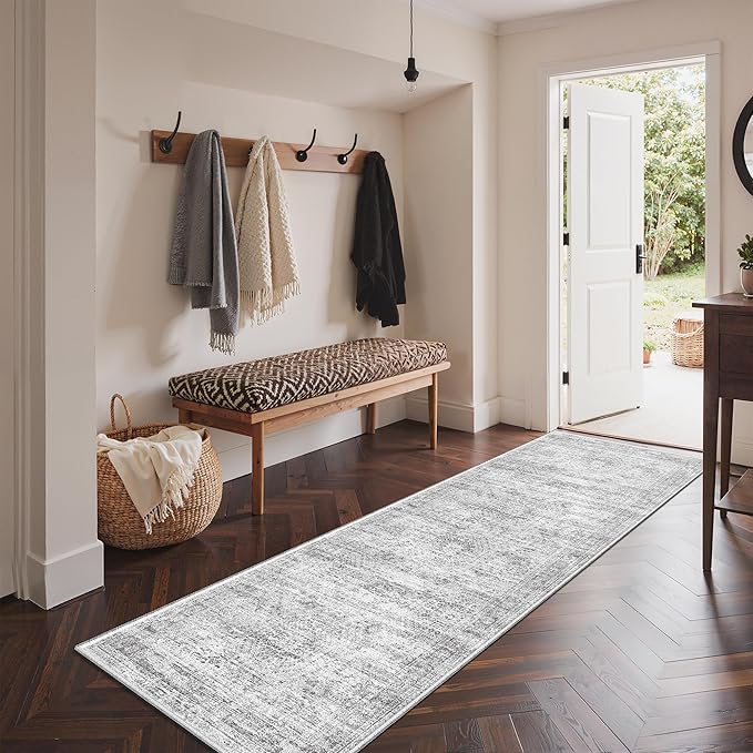 3x8 Runner Rug Non Slip Washable for Entryway, Vintage Hallway Runner for Front Porch, Laundry Room, Bedroom, Abstract Stain Resistant Thin Indoor Kitchen Mats for Floor(3'x8', Grey/Ivory)