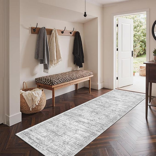 3x6 Runner Rug Non Slip, Thin Entryway Washable Rug for Entryway, Runners for Hallways, Low Pile Vintage Abstract Soft Rugs for Living Room, Kitchen, Bedroom (3'x6', Grey/Ivory)