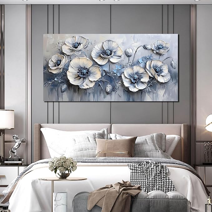 AOZEMI Floral Wall Art Bedroom Floral Picture Art Blue Canvas Wall Decor White Artwork for Living Room Office 29" x 59"