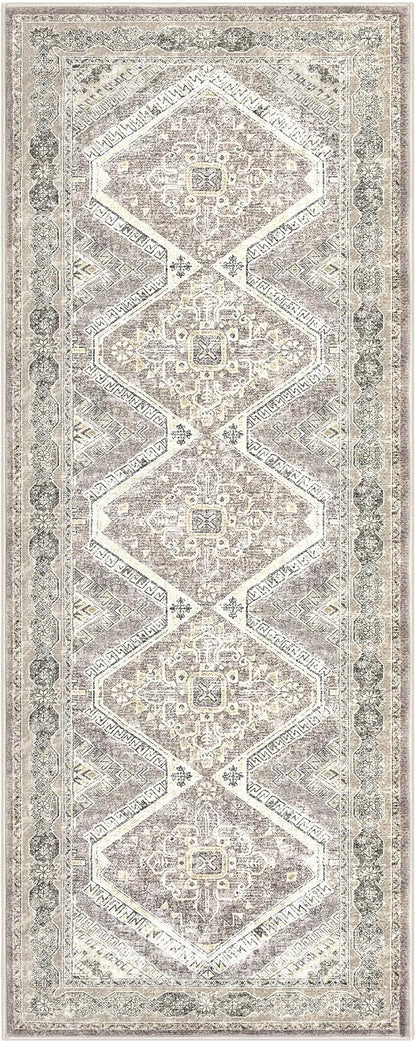 KUTA Oriental Washable Runner Rug, 2x5 Runners Non-Slip Vintage Ivory Grey Yellow Brown 5ft Hallway Kitchen Rugs Ultra Soft Printed Distressed Tribal Farmhouse Carpet for Bedroom Entryway Decor