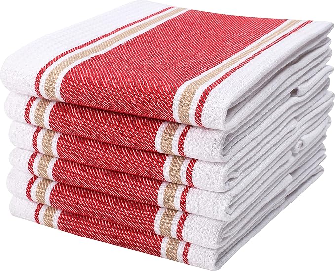 Goroly Home 100% Cotton Kitchen Dish Towel Set of 6 Pack, Highly Absorbent Quick Drying, Machine Washable and Reusable Ultra Soft Tea Towel with Hanging Loop for Cleaning Dishes, 20x28 Inch Red