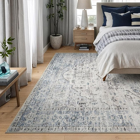 Bloom Rugs Caria Washable Non-Slip 9x12 Rug - Ivory/Blue/Gray Traditional Area Rug for Living Room, Bedroom, Dining Room, and Kitchen - Exact Size: 9' x 12'