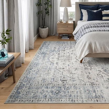 Bloom Rugs Caria Washable Non-Slip 6x9 Rug - Ivory/Blue/Gray Traditional Area Rug for Living Room, Bedroom, Dining Room, and Kitchen - Exact Size: 6' x 9'