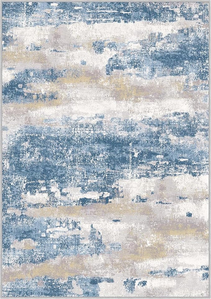 1'5''x2'5'' Rugs for Entryway Entrance Kitchen Bathroom, Machine Washable Modern Abstract Soft Small Rug, Low Pile Indoor Floor Carpet with Non Slip Backing, Blue Cream