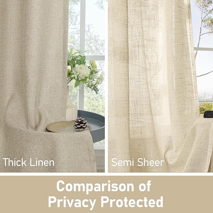 LAMIT Natural Linen Curtains 84 inch Long 2 Panels, Linen Textured Thermal Insulated Bedroom Curtains Grommet Privacy Burlap Boho Drapes for Living Room/Farmhouse, W38 x L84, Camel