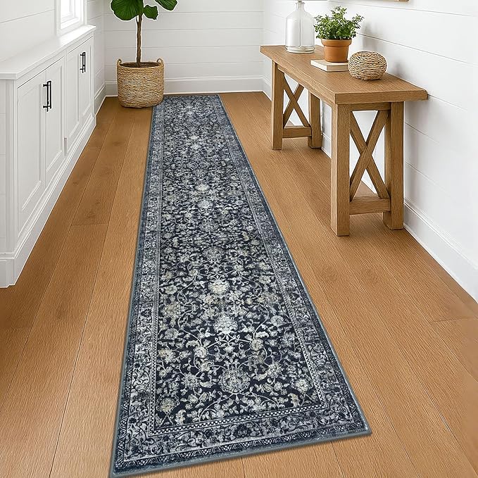 KILOCOCO Hallway Runner 2x12 Rug Runner Printed Vintage Floral Washable Non-Slip Rubber Backed Runners for Hallways Kitchen Laundry Room Entryway Bedroom, Charcoal