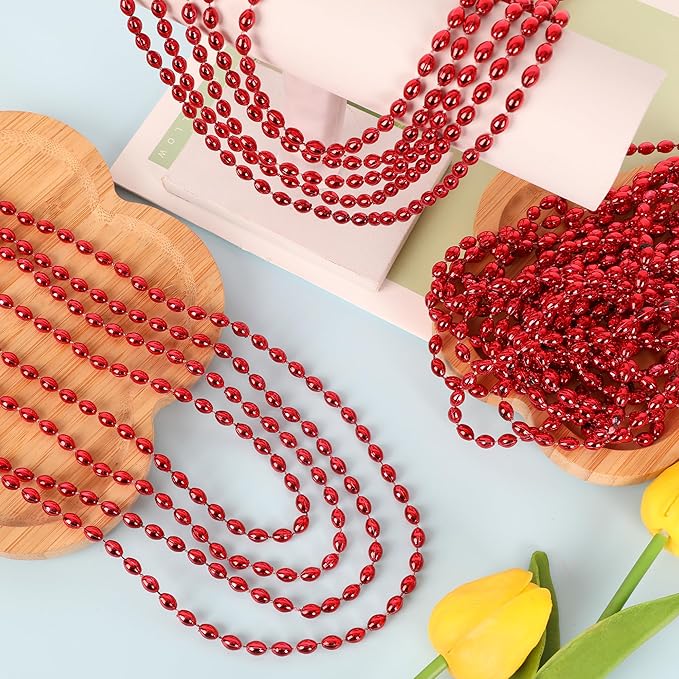 24PCS Mardi Gras Beads for Red Accessories, Metallic Red Bead Necklace, 32" Necklace Costume Oval Party Beaded Necklaces for Festival Parade Throw Accessories Wedding Valentines Christmas Party Favor