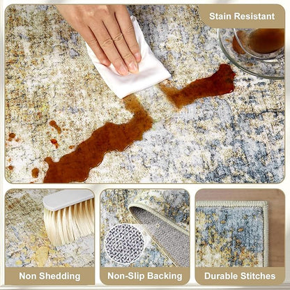 Area Rug Living Room Rugs - 5x7 Modern Abstract Soft Indoor Neutral Washable Rug Stain Resistant Non-Slip Low Pile Carpet for Bedroom Dining Room Home Office - Blue/Grey/Yellow