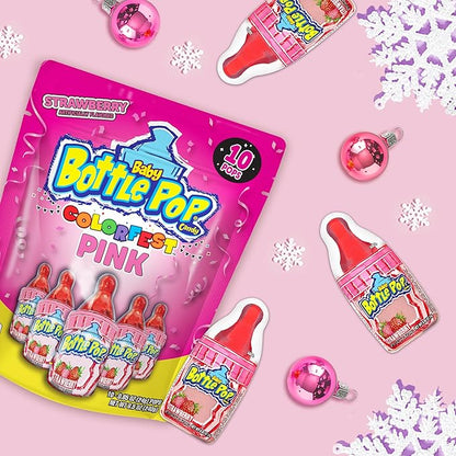 Baby Bottle Pop Valentine's Candy Pink Lollipops, 10 Ct Lollipops with Dipping Powder in Pink Strawberry Flavor, Full Size, Individually Wrapped Hard Candy For Valentine's Goodie Bags, Party Favors