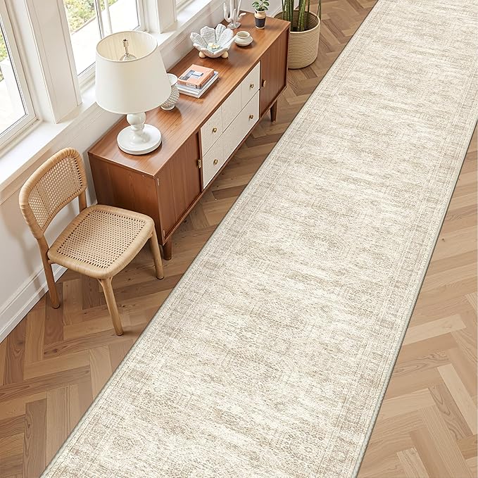 3x18 Washable Runner Rug for Hallway, Non-Slip Long Hallway Runner for Entryway, Soft Vintage Kitchen Mats for Floor, Abstract Dining Room, Bedroom, Living Room Rugs(3'x18', Beige/Ivory)