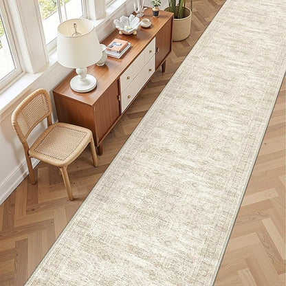 3x18 Washable Runner Rug for Hallway, Non-Slip Long Hallway Runner for Entryway, Soft Vintage Kitchen Mats for Floor, Abstract Dining Room, Bedroom, Living Room Rugs(3'x18', Beige/Ivory)