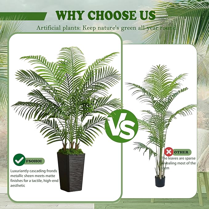Artificial Palm Tree Artificial Silk Plant Fake Tree with White Tall Planter Faux Tropical Areca Floor Plant in Pot (1, Black Tall Planter, 5 FT)