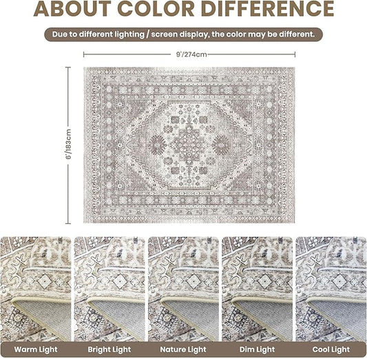 zesthome 6x9 Area Rug, Super Soft Washable Rugs for Living Room, Non-Slip Stain Resistant Vintage Rugs, Ultra-Thin Large Area Rugs (Brown/Beige,6'x9')