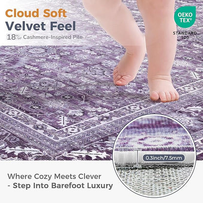 OPPODREAM Thin Vintage Purple 2x12 Runner Rug, 2 x 12 Retro Washable Rug Non Slip, Low-Pile Faux Wool Carpet, Distressed Floor Mat for Kitchen, Hallway, Entry-Way, Entrance, Indoor Back Door