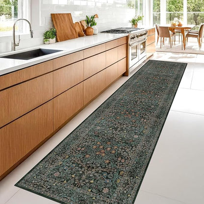 Washable Dark Green 2x10 Runner Rug for Hallway, Kitchen, 10 ft Non Slip Stain Resistant Extra Long Soft Rugs, Vintage Floral Unique Botanical Floor Mat
