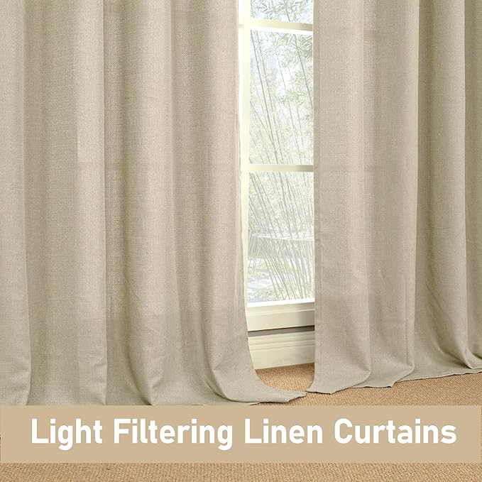 LAMIT Natural Linen Thermal Curtains for Bedroom, 72 inches Grommet Thick Light Reducing Curtains Light Filtering Window Panels for Living Room/Farmhouse, Set of 2 Panels, W52 x L72, Camel