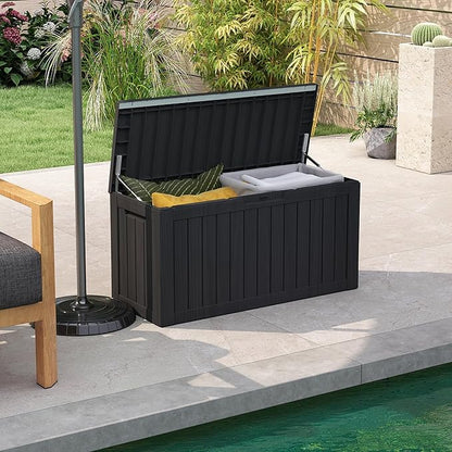 80 Gallon Outdoor Storage Box Waterproof, Resin Deck Boxes with Lockable Lid & UV-Resistant for Patio, Pool, Garden Furniture Cushions & Accessories, Black